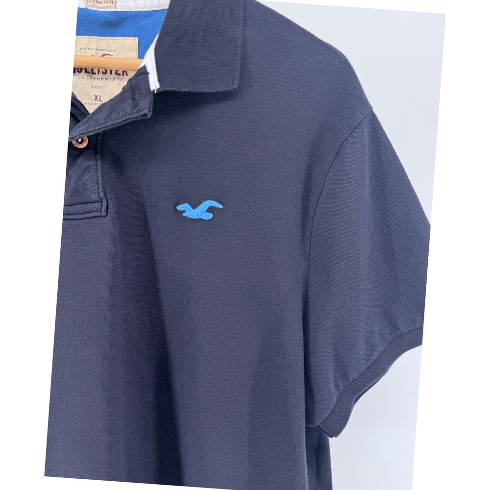 Hollister Polo Shirt Mens XL Navy Blue Stretch Short Sleeve Seagull Logo - Picture 5 of 8
